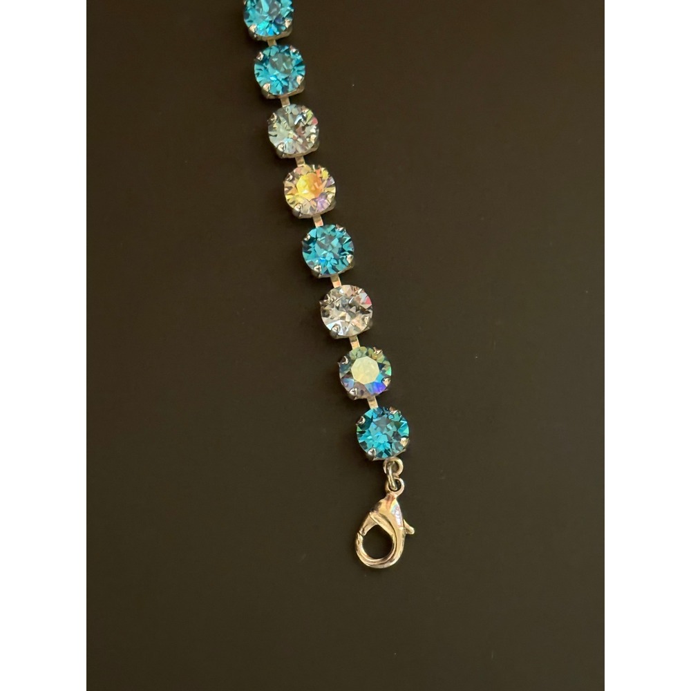 Blue Crystal Tennis Bracelet Silver Tone Adjustable 7-9 Inch Aurora Borealis - Picture 9 of 10